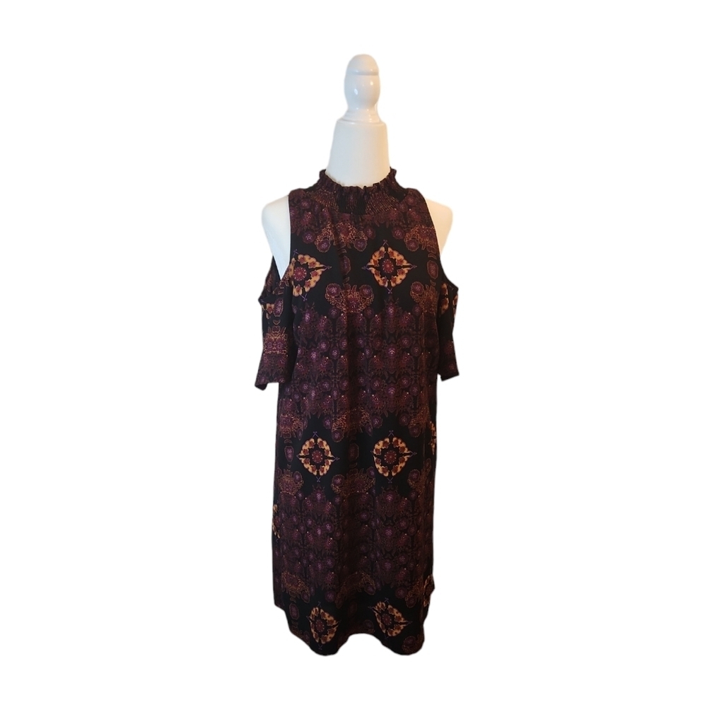Boho Hippie Red Black Marrakesh Print Y2K Mock Neck Cut Out Dress Size S